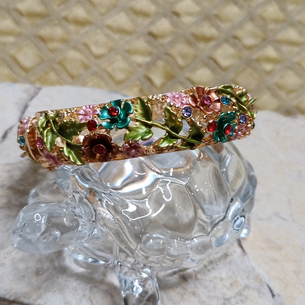 Floral Bangle Bracelet with Enamel & Crystal